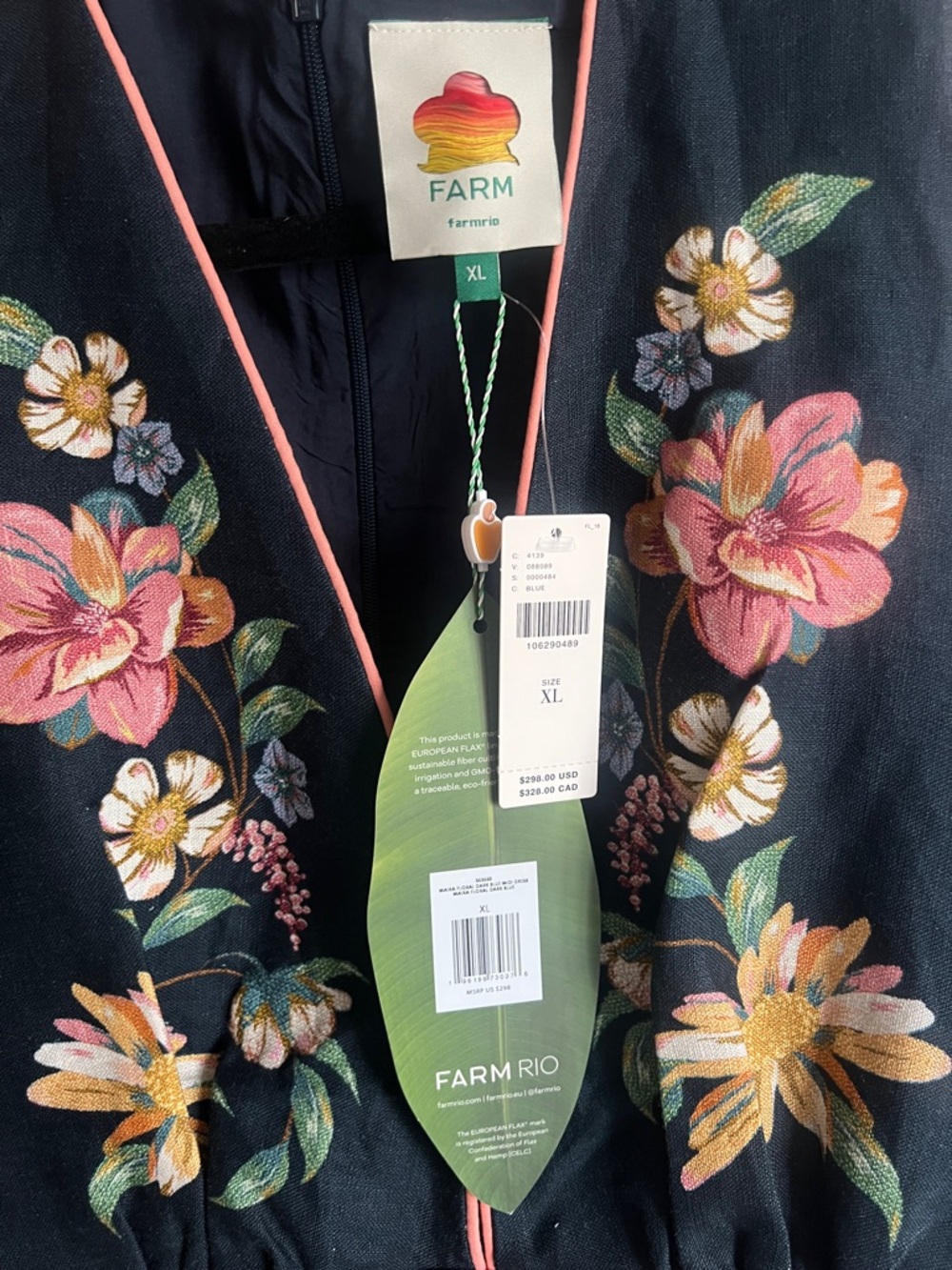 FARM Rio Maira Floral Dark Blue Linen Midi Dress Size XL NWT - Picture 5 of 16